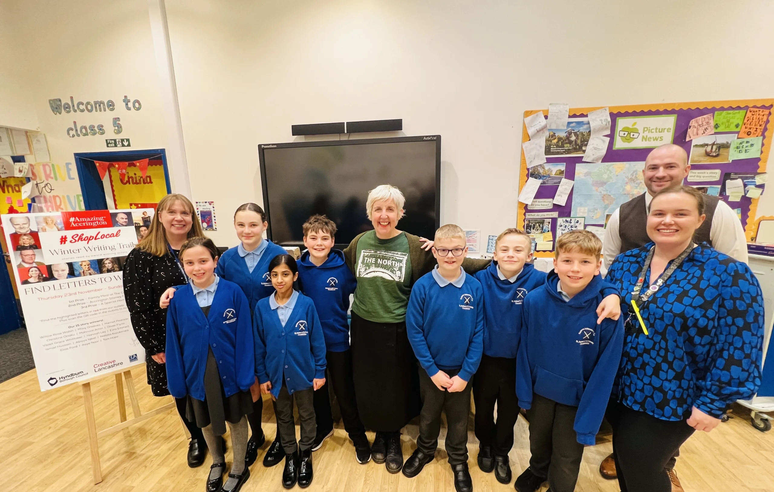 Legendary Accringtonian Julie Hesmondhalgh makes special visit to local primary school